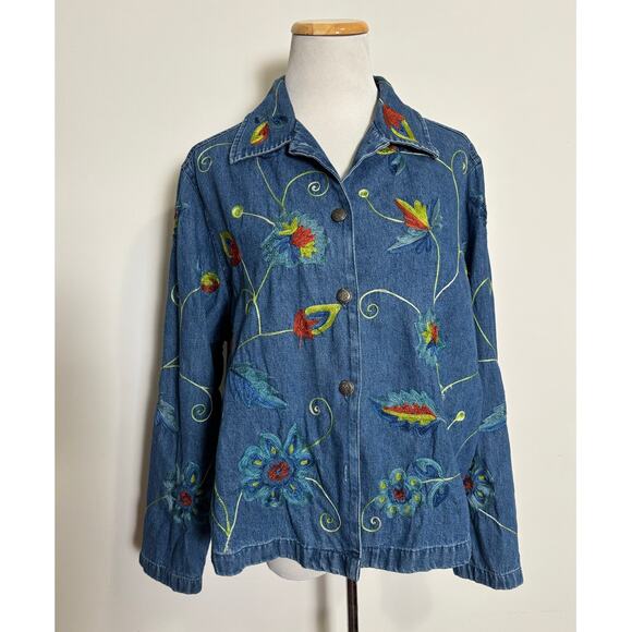 VTG Studio Works Embroidered Denim Shirt Jacket 1X Artsy Boho Rainbow Colorful - Picture 1 of 5